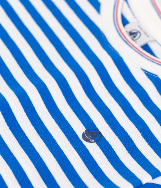 Camiseta infantil de manga corta de algodón con rayas azul PORCELANA/ MARSHMALLOW