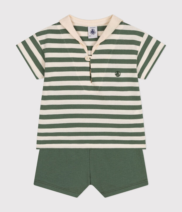 Conjunto de camiseta y pantal&oacute;n corto de punto para beb&eacute; verde/crudo