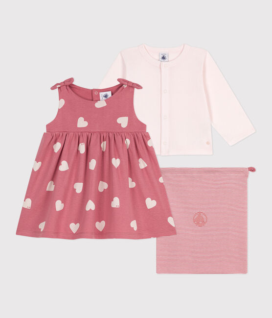 Conjunto de dos piezas de algodón con cárdigan liso y vestido estampado para bebé rosa ROSEWOOD/ MULTICO