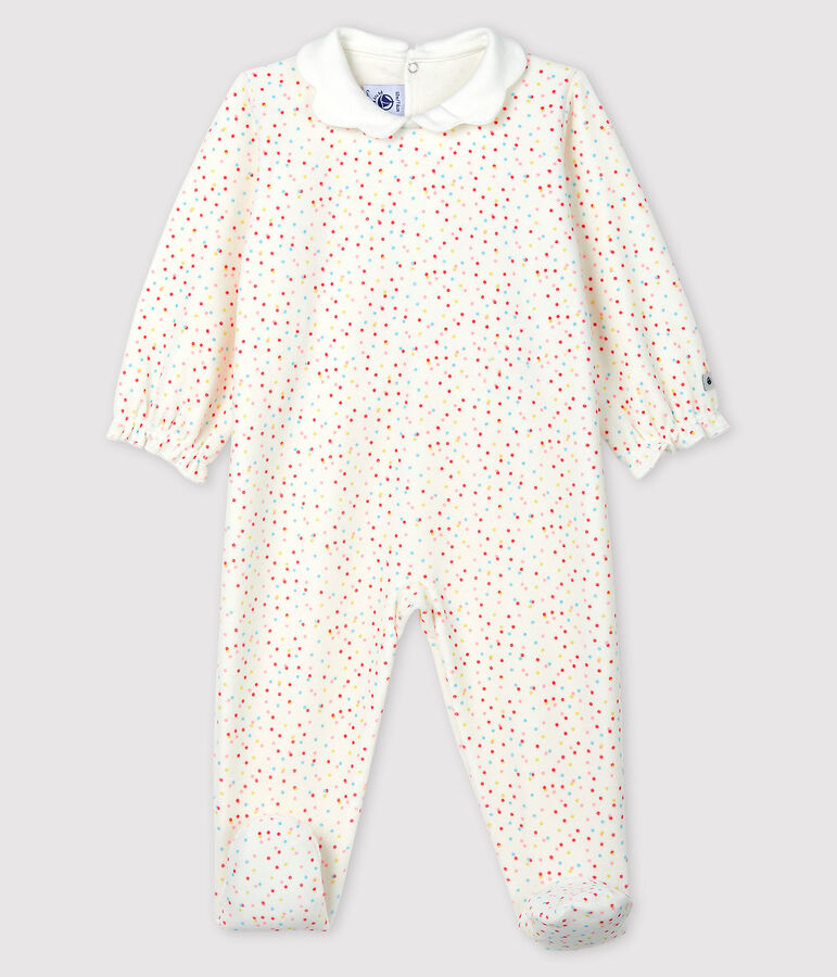 Pijama enterizo de peque&ntilde;os lunares de colores de beb&eacute; ni&ntilde;a en terciopelo blanco/multicolor