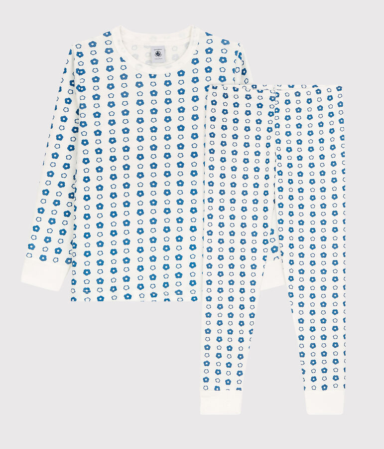 Pijama con estampado de flores gr&aacute;ficas de ni&ntilde;a/ni&ntilde;o de algod&oacute;n org&aacute;nico blanco/azul