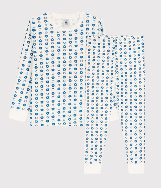 Pijama con estampado de flores gráficas de niña/niño de algodón orgánico blanco MARSHMALLOW/ MALLARD