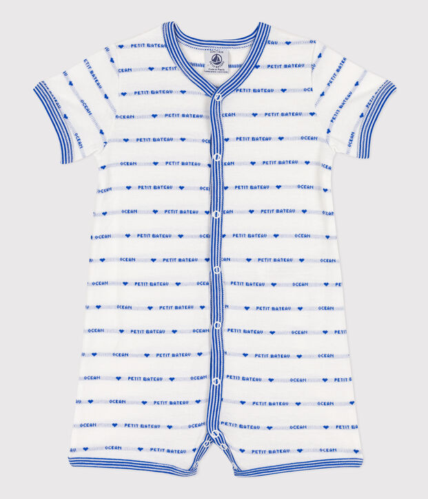 Mono corto jacquard de algod&oacute;n para beb&eacute; blanco/azul