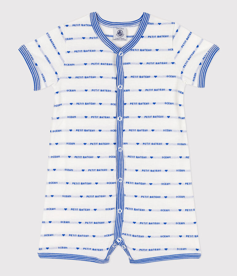 Mono corto jacquard de algod&oacute;n para beb&eacute; blanco/azul
