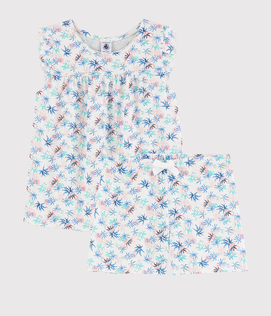 Pijama corto con estampado de anémonas de algodón fino de niña blanco MARSHMALLOW/blanco MULTICO
