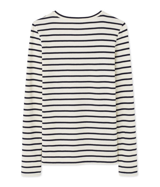 Camiseta de manga larga a rayas para mujer con cuello V beige COQUILLE/azul SMOKING