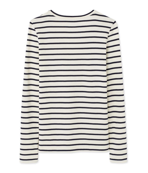 Camiseta de manga larga a rayas para mujer con cuello V blanco/azul