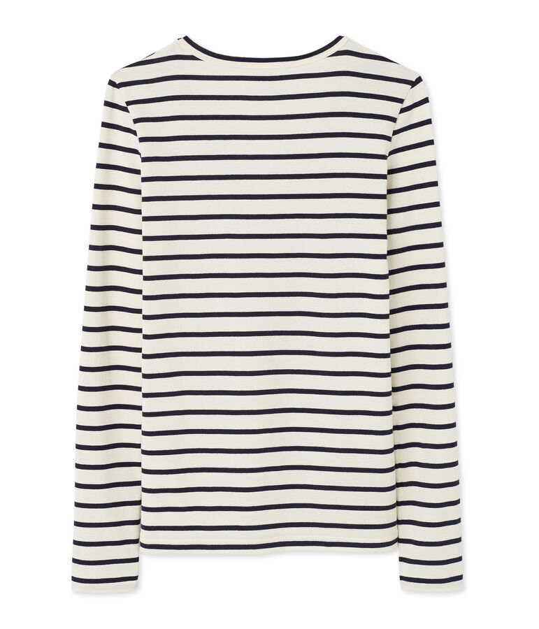 Camiseta de manga larga a rayas para mujer con cuello V beige COQUILLE/azul SMOKING