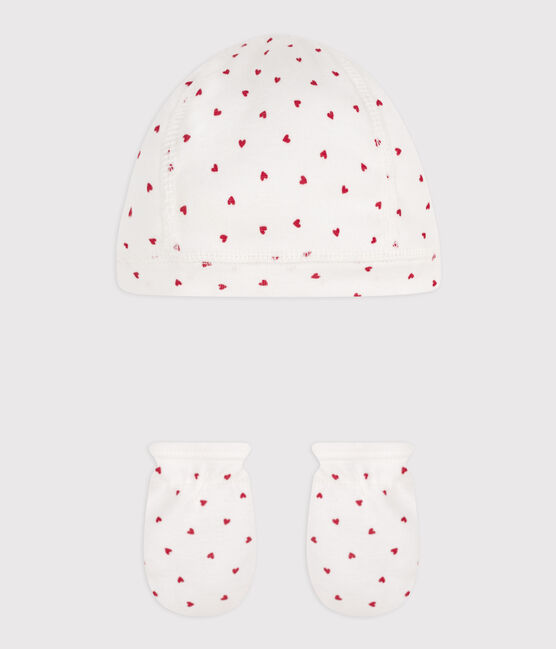 Juego de gorro y manoplas de algodón con corazones variante 1