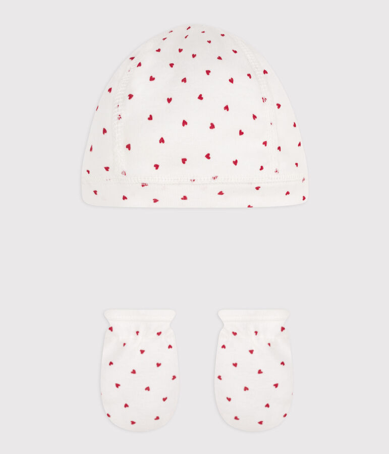 Juego de gorro y manoplas de algod&oacute;n con corazones multicolor