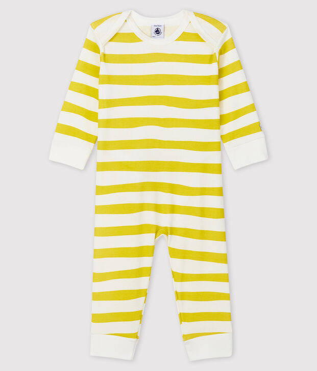 Pelele de punto acanalado sin botones de presi&oacute;n para beb&eacute; amarillo/blanco