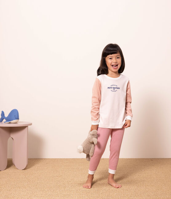 Pijama de algodón milrayas tricolor para niño/niña rosa SALINE/blanco MULTICO