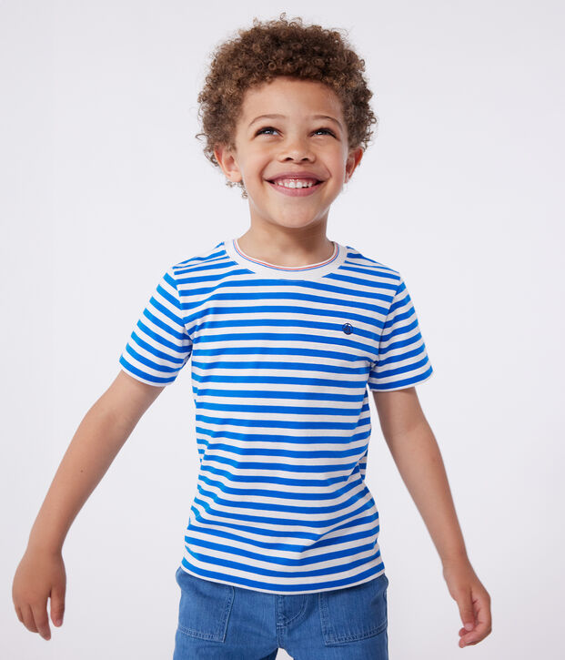 Camiseta infantil de manga corta de algod&oacute;n con rayas azul/blanco