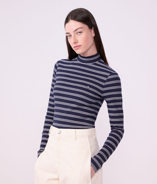 Camiseta de cuello alto de algod&oacute;n a rayas para mujer azul/blanco