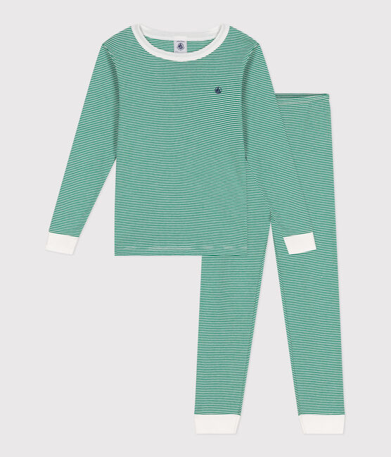 Pijama infantil muy ajustado de algodón a rayas verde JARDIN/ MARSHMALLOW