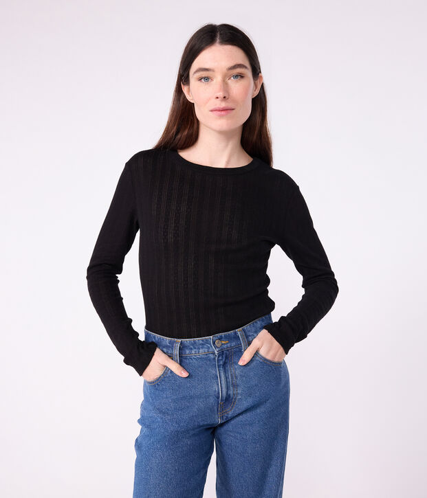 Camiseta Ic&oacute;nica de manga larga de algod&oacute;n calado para mujer negro