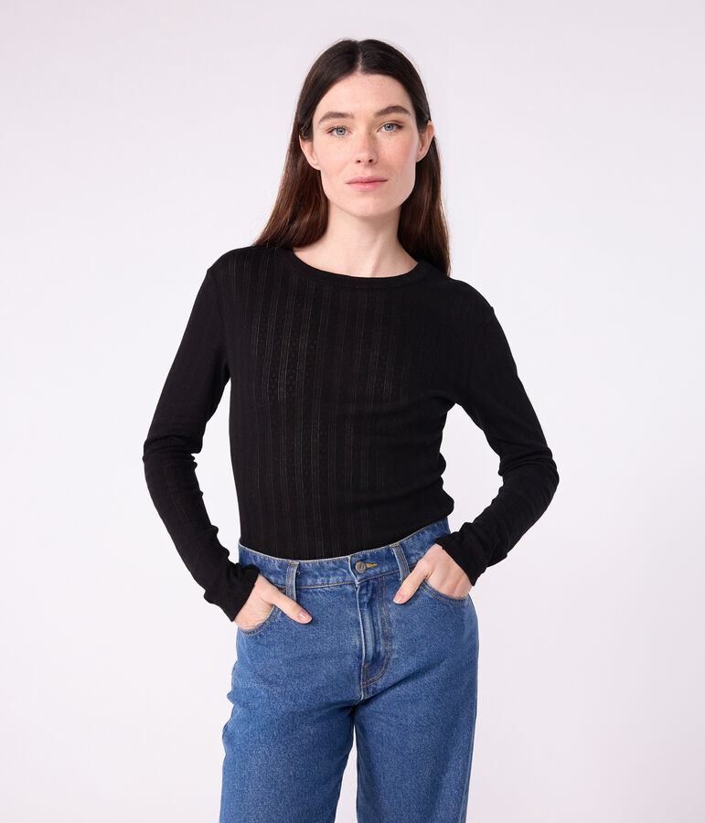 Camiseta Ic&oacute;nica de manga larga de algod&oacute;n calado para mujer negro