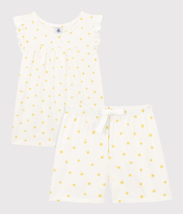 Pijama corto con soles de algod&oacute;n de ni&ntilde;a blanco/amarillo