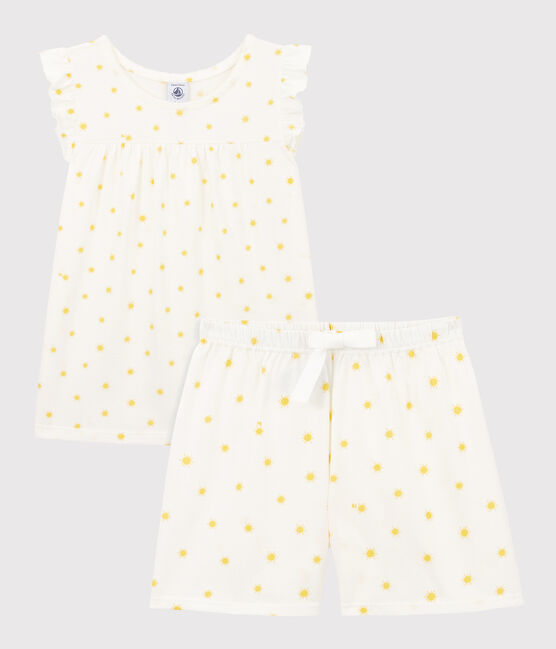 Pijama corto con soles de algodón de niña blanco MARSHMALLOW/ ORGE