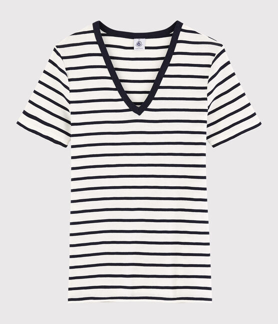 Camiseta de cuello de pico emblemática de algodón a rayas de mujer blanco MARSHMALLOW/azul SMOKING
