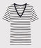 Camiseta de cuello de pico emblemática de algodón a rayas de mujer blanco MARSHMALLOW/azul SMOKING