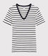 Camiseta de cuello de pico emblemática de algodón a rayas de mujer