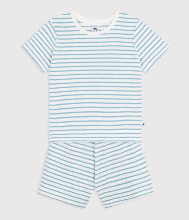 Pijama corto infantil de rizo de algod&oacute;n a rayas blanco/azul