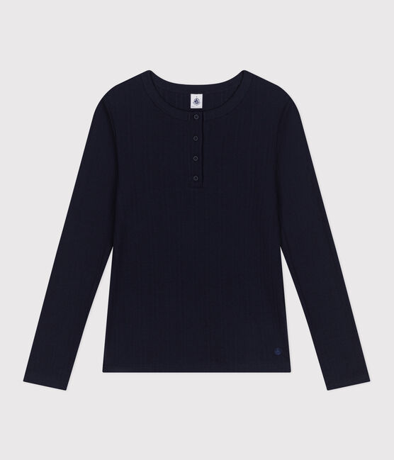 Camiseta lisa de manga larga de punto desagujado con cuello mao para mujer azul SMOKING