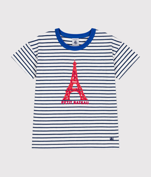Camiseta infantil de punto de manga corta blanco/azul