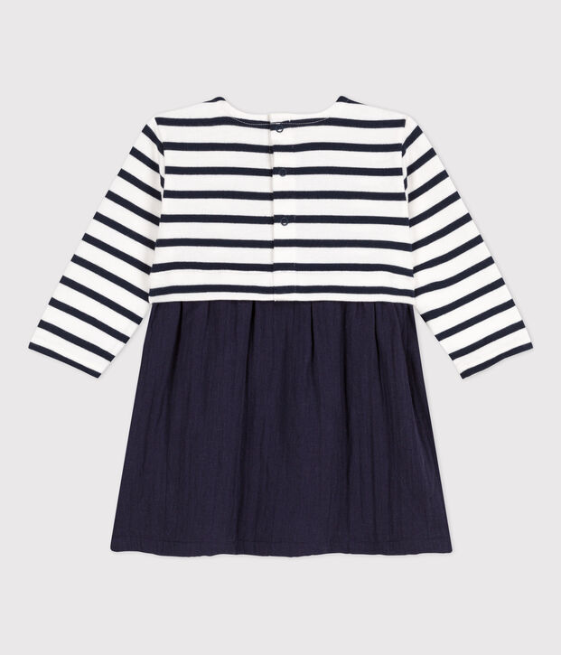 Vestido bimaterial de manga larga de beb&eacute; azul/blanco
