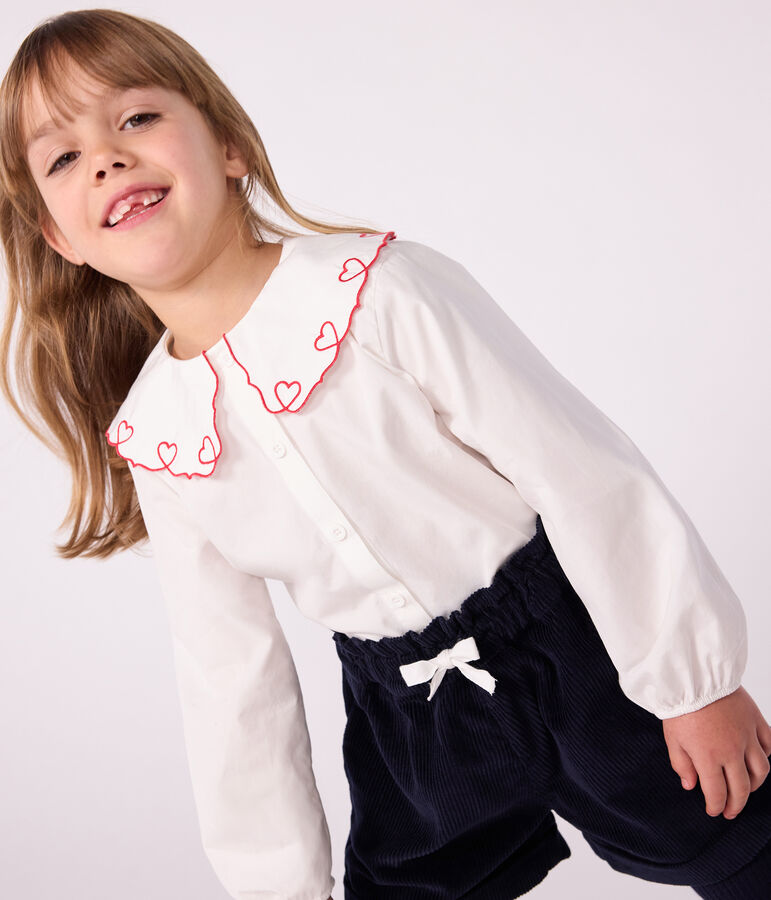 Blusa infantil lisa de manga larga de popelina de algod&oacute;n blanco