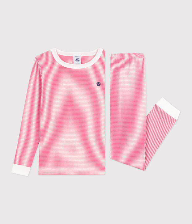 Pijama infantil de algod&oacute;n, muy entallado y con rayas. rosa/blanco