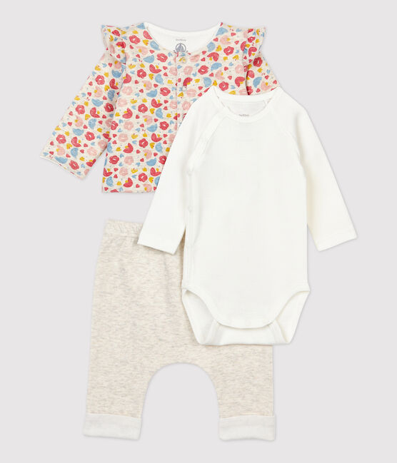 Conjunto de 3 prendas con estampado de flores de bebé niña de lana y algodón orgánico beige MONTELIMAR/blanco MULTICO