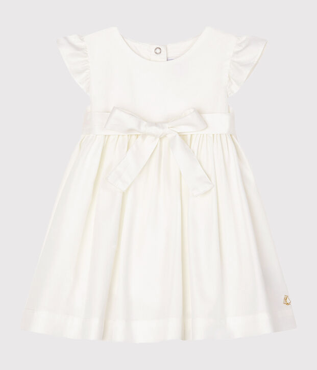 Vestido de manga corta de sat&eacute;n para beb&eacute; ni&ntilde;a blanco