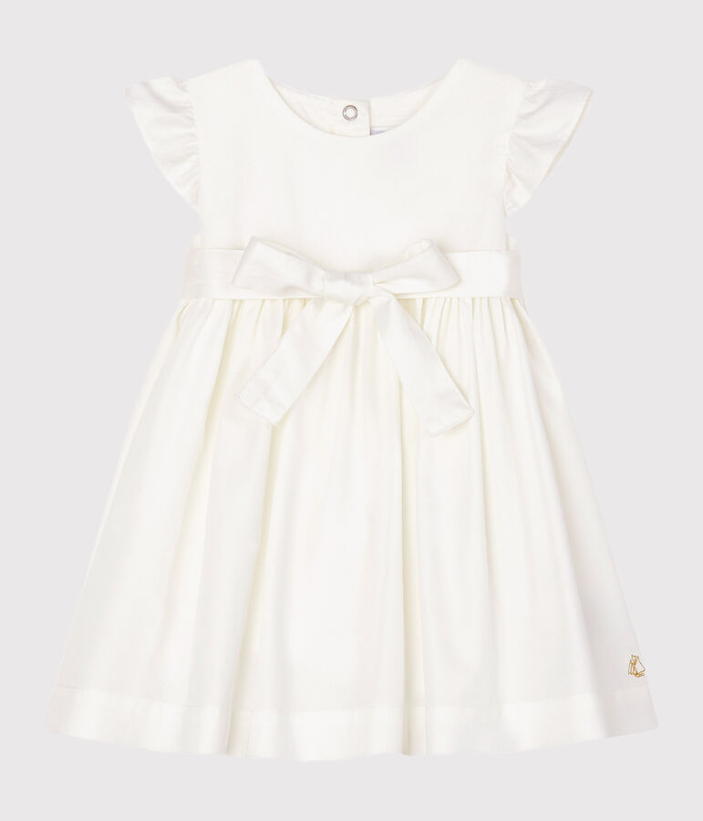 Vestido de manga corta de sat&eacute;n para beb&eacute; ni&ntilde;a blanco