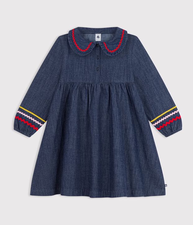 Vestido infantil liso de manga larga de tejido denim azul