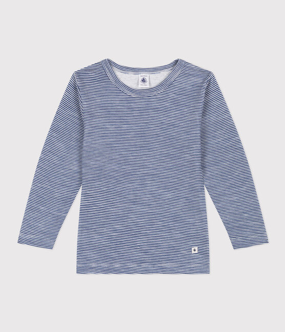 Camiseta infantil de manga larga de lana y algodón a rayas azul MEDIEVAL/blanco MARSHMALLOW