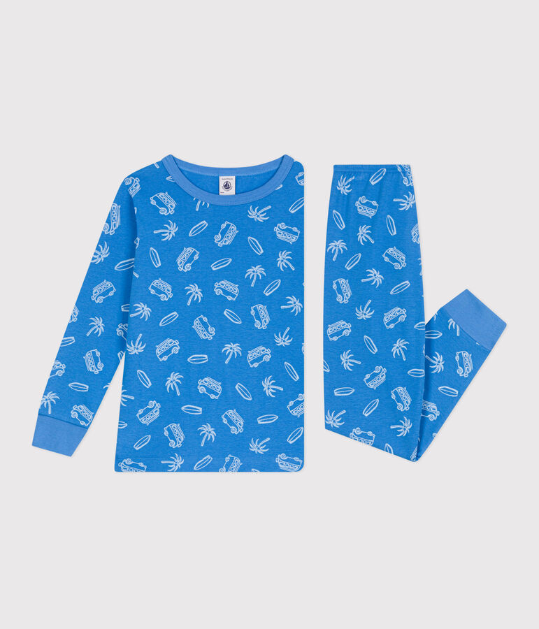 Pijama infantil de manga larga de algod&oacute;n con estampado de furgonetas azul/blanco