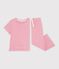 Pijama infantil de algod&oacute;n con pernera ancha y rayas rosa/blanco