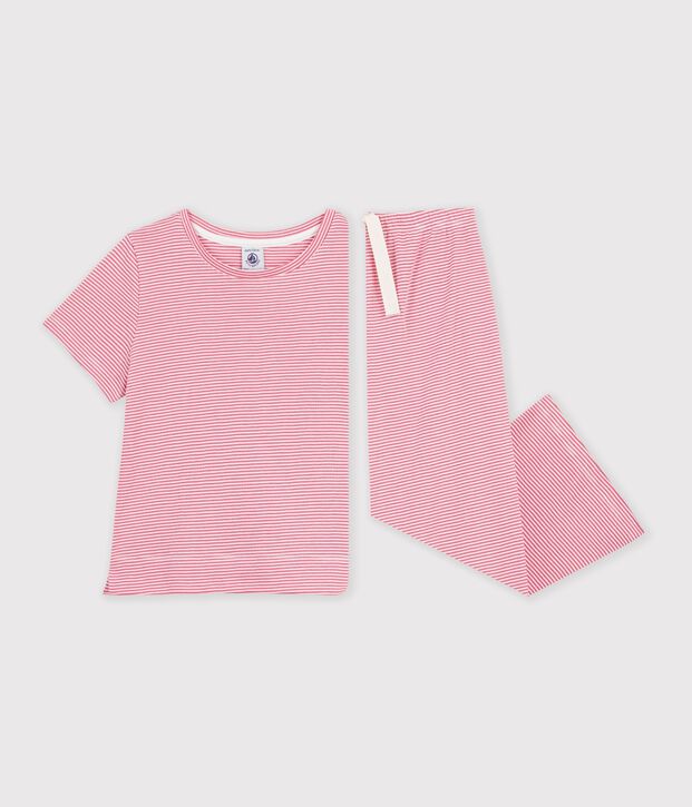 Pijama infantil de algod&oacute;n con pernera ancha y rayas rosa/blanco