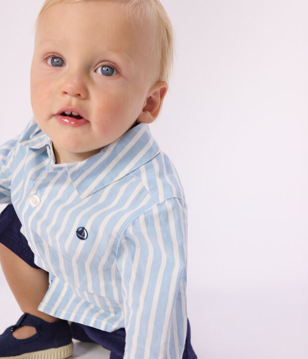 Camisa a rayas de algod&oacute;n de manga larga para beb&eacute; azul/blanco