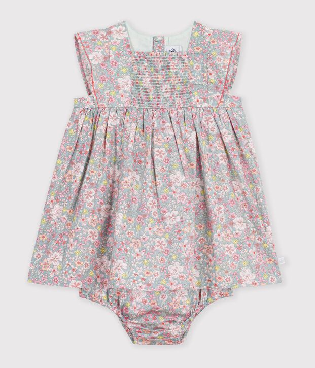 Vestido de algod&oacute;n de manga corta y pololo con estampado de flores para beb&eacute; azul/multicolor