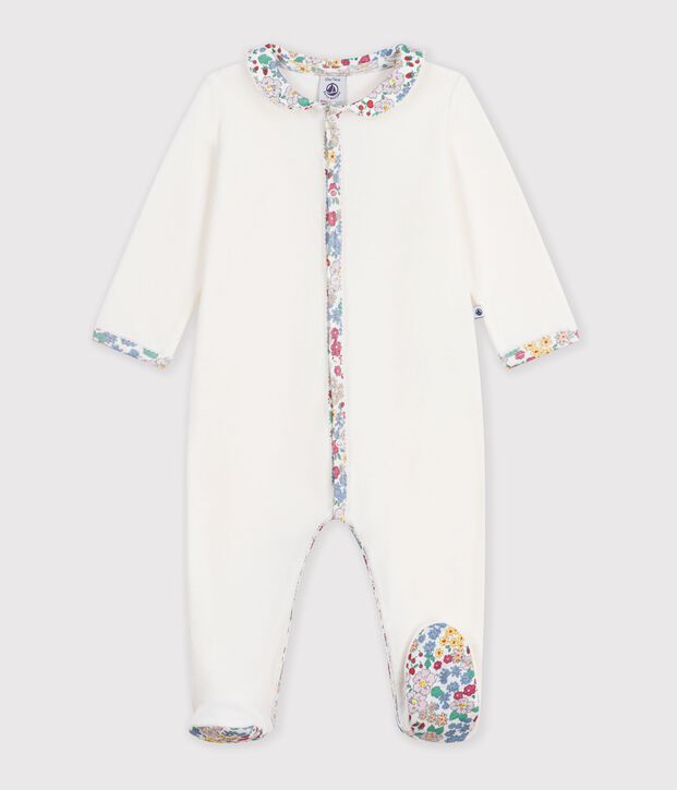 Pijama liso de terciopelo con cuello con estampado de flores para beb&eacute; blanco
