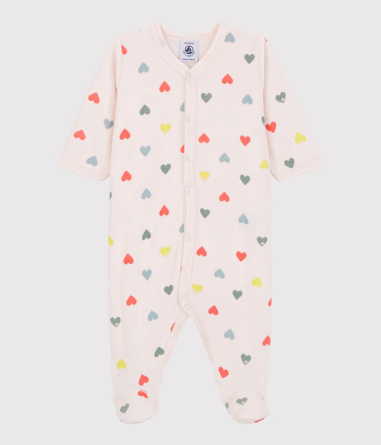 Pijama enterizo de corazones de colores de bebé niña en terciopelo rosa FLEUR/blanco MULTICO