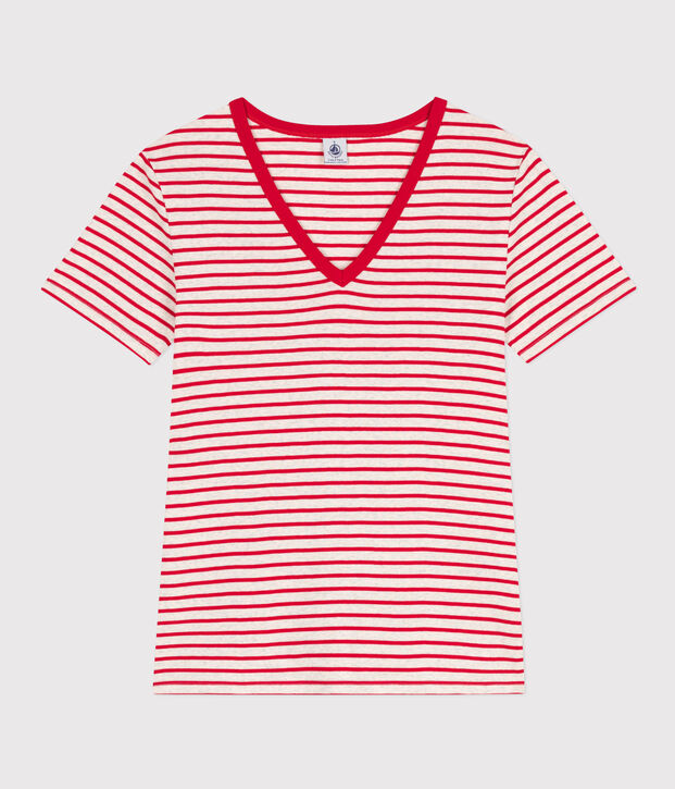 Camiseta LA ICONICA de algod&oacute;n con cuello de pico para mujer beige/rojo