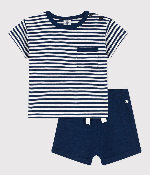 Conjunto de punto flameado y algod&oacute;n para beb&eacute; azul/blanco