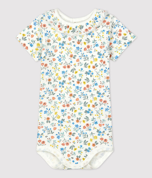 Bodi de beb&eacute; con cuello isabelino y estampado floral de algod&oacute;n blanco/multicolor
