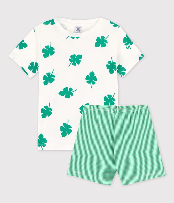 Pijama corto de algodón orgánico con motivo de hojas de palmera para niño blanco MARSHMALLOW/verde GAZON