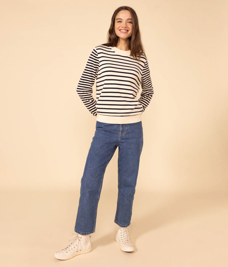Jersey marinero de algod&oacute;n para mujer crudo/azul