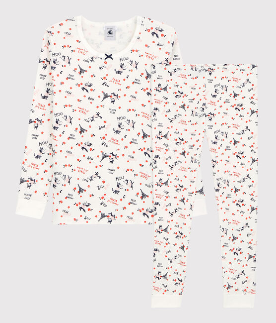 Pijama snugfit con estampado de París de niña de algodón orgánico blanco MARSHMALLOW/blanco MULTICO